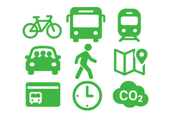 Green icons for sustainable urban mobility and transportation planning concepts