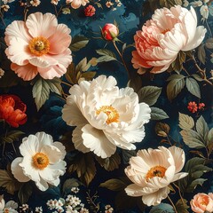 Vintage Dark Floral Pattern with Blooming Peonies and Assorted Flowers