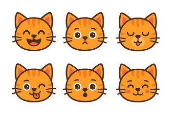Six distinct orange tabby cat faces showing various emotions