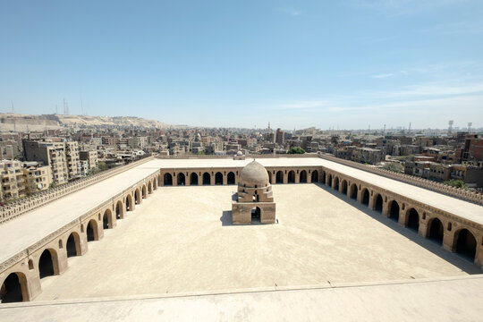 Overview on Mosque of ibn tulun courtyard and surrounding arcade in Cairo, Egypt