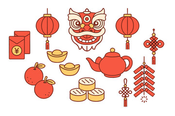 Traditional symbols for Asian Lunar New Year holiday celebration