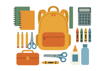 Colorful assortment of essential school supplies and backpack items
