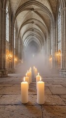 A dimly lit corridor with floating white candles. The Halloween atmosphere is spooky and mystical, enhanced by fog and gothic architecture