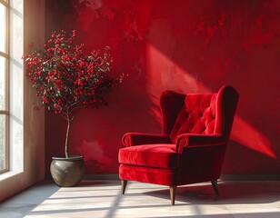 An elegant red velvet armchair in a sunlit classic interior