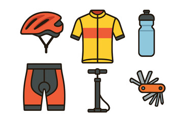Fototapeta premium Set of essential bicycle maintenance tools and cycling apparel icons