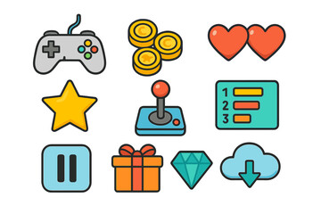 Colorful retro and modern video game interface icons and elements collection