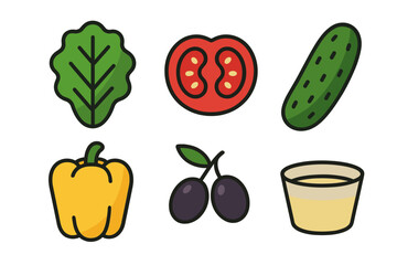 Fresh salad ingredients icons featuring lettuce tomato cucumber pepper and olives