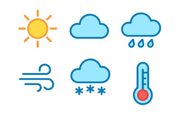 Obraz premium Set of six colorful weather condition icons including sun, wind, rain, snow, and thermometer
