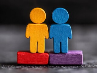 Colorful wooden figures stand on blocks, symbolizing unity and teamwork. The image conveys a sense of collaboration and diversity.