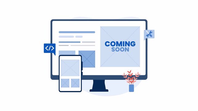 Coming soon website design displayed on computer screen with phone illustration. Suitable for technology and web development.