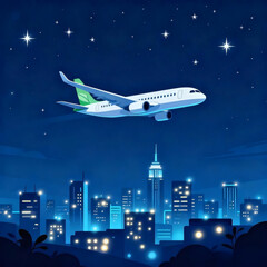 Naklejka premium Eco-Friendly Airplane Flying Over City at Night Vector Illustration