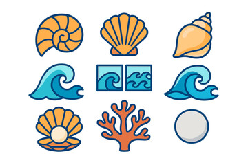 Colorful stylized icons of sea life and ocean elements