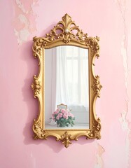 Vintage Gold Ornate Mirror on Pink Wall Reflecting Floral Bouquet