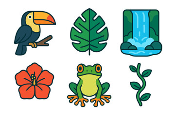 Vibrant tropical rainforest icons featuring toucan frog waterfall and lush foliage © icon_art