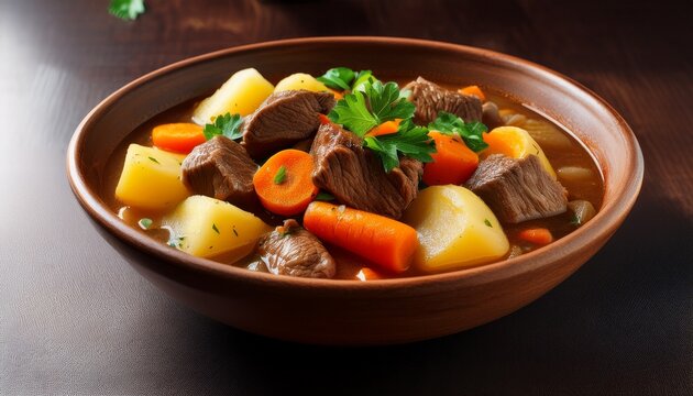 savor the flavors of a delicious homemade stew overflowing with tender potatoes carrots and hearty meat the stew a comforting and aromatic dish is presented in a visually appealing bowl