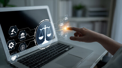 Futuristic digital law interface displaying justice scale, highlighting digital law, AI compliance,...