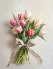 Colorful Tulip Bouquet with Ribbon