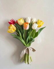 A Colorful Bouquet of Fresh Tulips Tied with a Ribbon