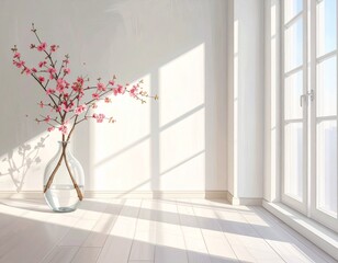 Cherry Blossom Branch in a Glass Vase with Sunlight