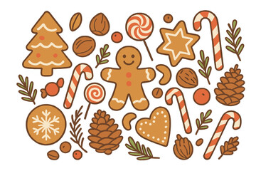 Assortment of Gingerbread Cookies Candies Nuts and Winter Foliage