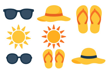 Set of summer vacation accessories icons featuring sun and beach elements
