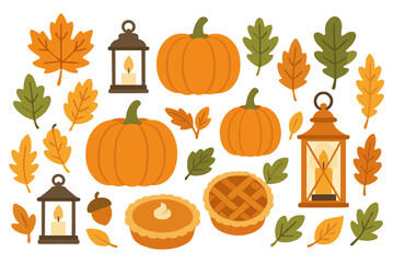Assortment of Autumn Harvest Icons Featuring Pumpkins Lanterns and Pies