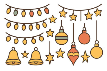 Set of colorful holiday decorations including string lights, ornaments, stars, and bells