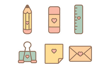 Pastel stationery icons featuring charming heart accents