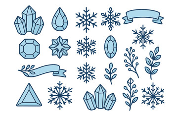 Assortment of blue winter and crystal themed decorative design elements