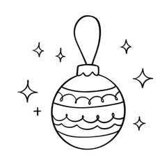 Christmas ornament ball with decorative pattern outline illustration, festive tree decor in black and white cartoon style
