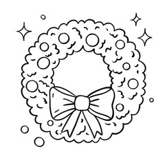 Christmas wreath with bow and ornaments outline illustration, festive holiday decoration in black and white cartoon style
