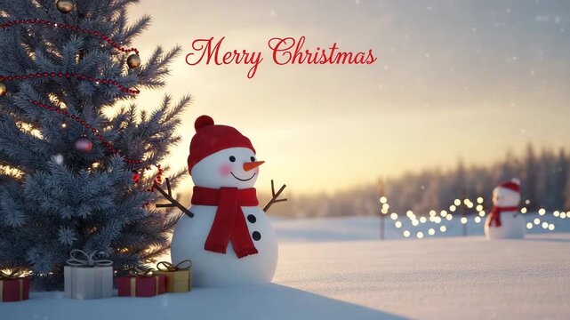 Snowman with christmas tree and gifts in winter landscape with merry christmas text