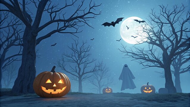 Spooky Halloween night with glowing jack-o'-lanterns, flying bats, and a ghostly apparition under a full moon amidst bare trees and starry sky - Powered by Adobe
