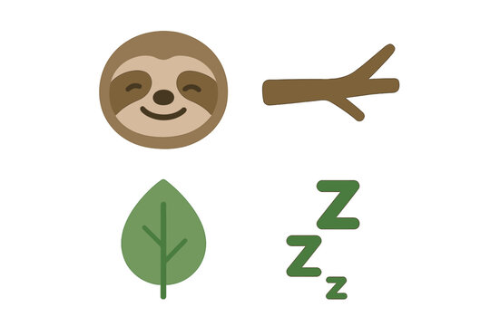 Smiling sloth face icon with branch and sleeping symbols