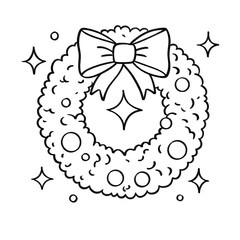 Christmas wreath with bow and sparkles outline illustration, festive holiday decor in black and white cartoon style
