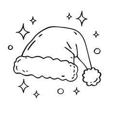 Santa hat with fluffy trim and sparkles outline illustration, festive holiday accessory in black and white cartoon style
