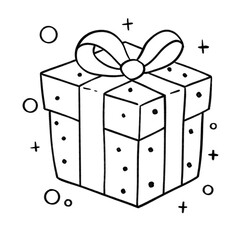 Gift box with bow and dotted pattern outline illustration, festive present in black and white cartoon style
