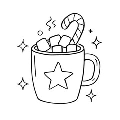 Hot cocoa mug with marshmallows and candy cane outline illustration, cozy holiday drink in black and white cartoon style
