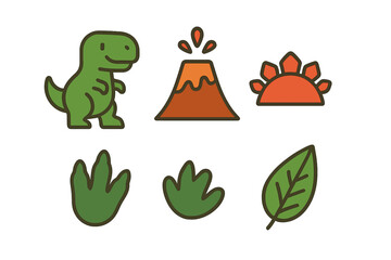 Set of cute cartoon dinosaur icons with volcano and prehistoric elements