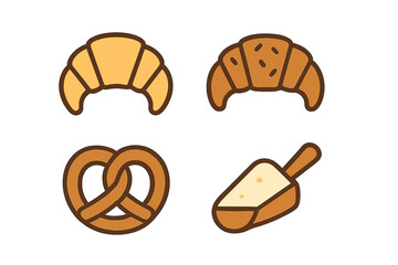 Collection of baked goods symbols featuring croissant, pretzel, and flour scoop