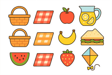 Colorful icons set for picnic and outdoor activity assortment