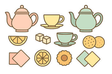 Pastel colored tea party icons featuring teapots cups lemon slices and cookies
