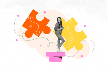 Full trendy zine artwork pop collage of happy businesswoman freelancer hold smartphone puzzle match piece development success