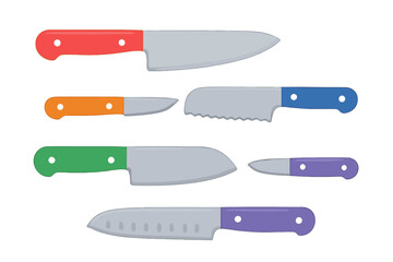 Assortment of colorful kitchen knives with various blade shapes