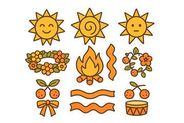 Set of cheerful summer and celebration icons with sun, fire, and fruit