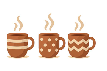 Three steaming brown ceramic mugs with distinct decorative patterns