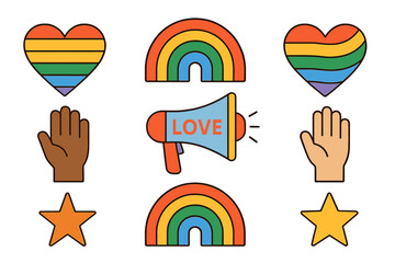 Collection of pride symbols featuring rainbow hearts, hands, and megaphone