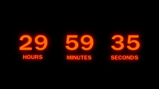 36 Hours countdown timer number animation. Countdown timer from hours, minute and seconds.