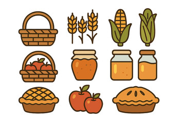 Set of stylized icons representing autumn harvest foods and produce