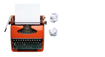 Deep orange vintage manual typewriter with black keys, blank paper, and crumpled papers on a light teal background, overhead flat lay shot, concept of creative challenges and inspiration